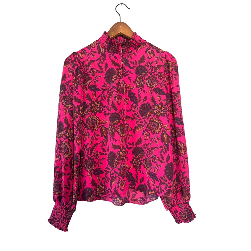 EVEREVE Kelsea Shirt Women S Pink Floral‎ Smocked Neck Career Work Going Out